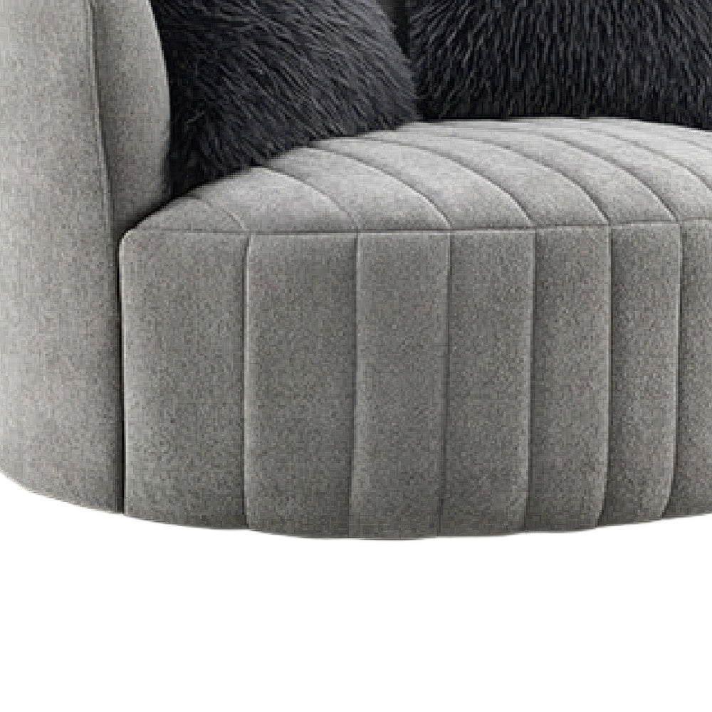 Hedy Swivel Accent Chair | Faux Fur Pillow | Light Gray Channeled Fabric