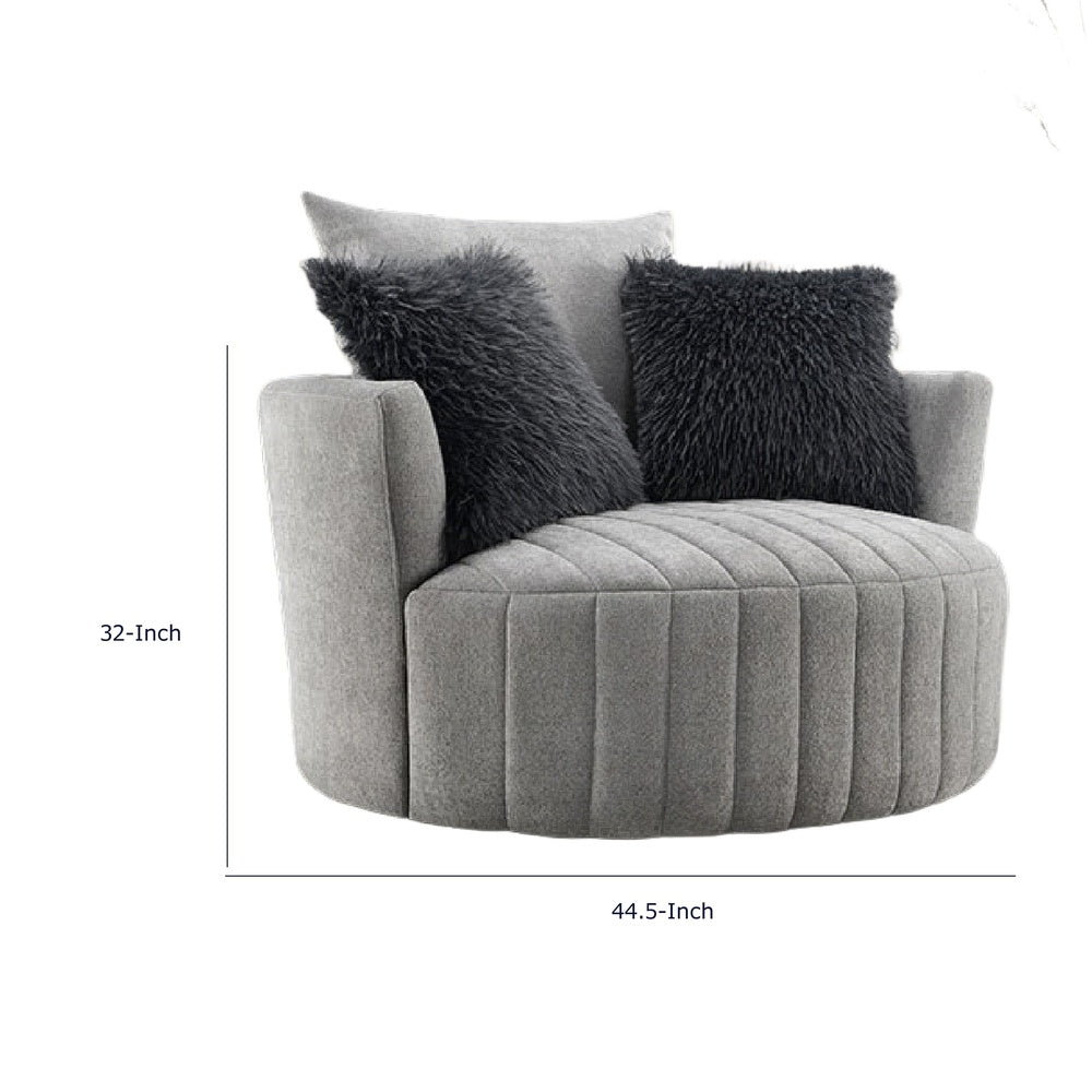 Hedy Swivel Accent Chair | Faux Fur Pillow | Light Gray Channeled Fabric