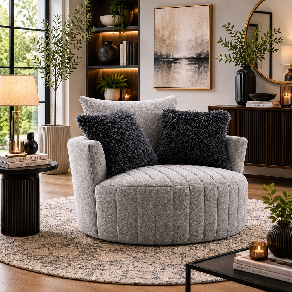 Hedy Swivel Accent Chair | Faux Fur Pillow | Light Gray Channeled Fabric