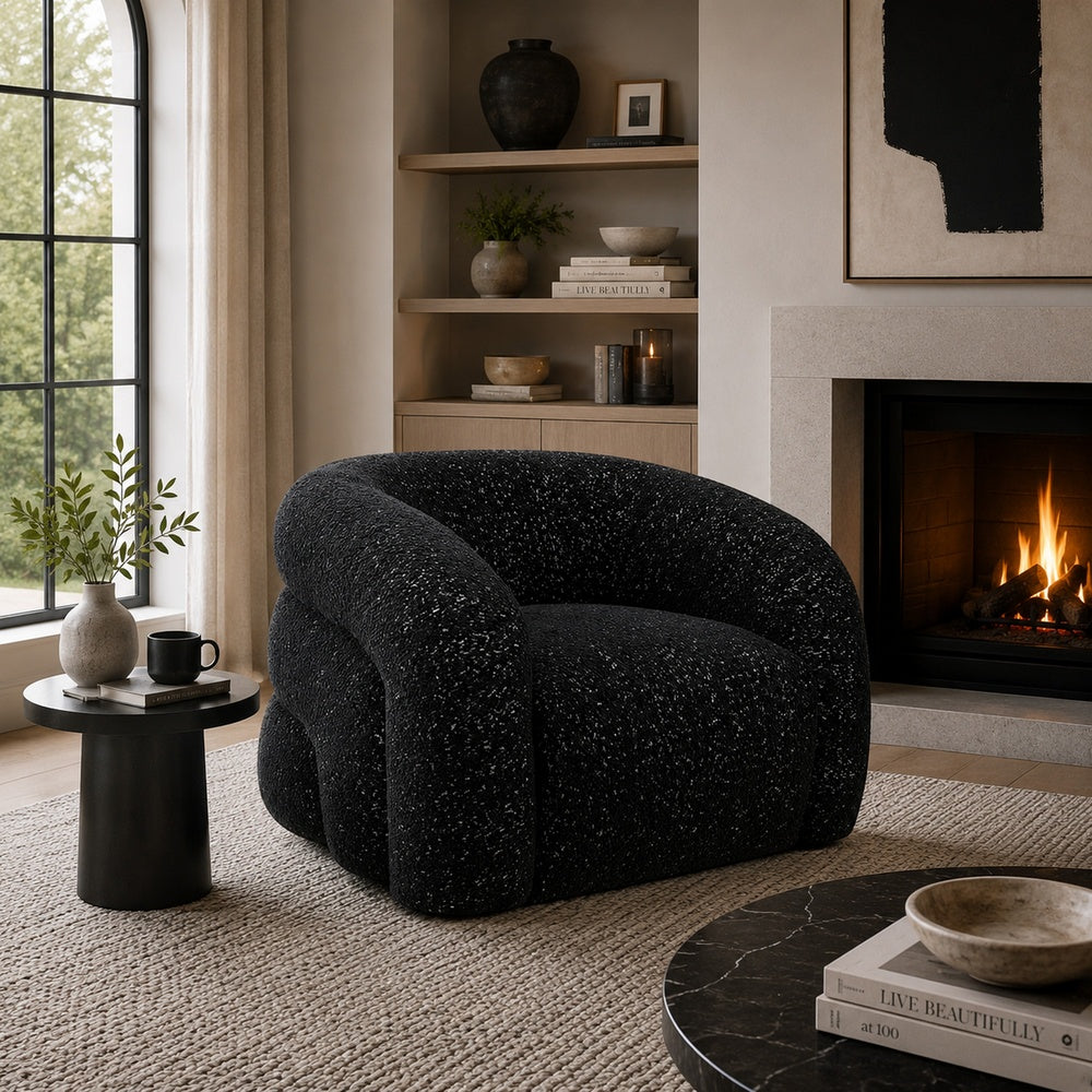 Savio Swivel Accent Chair | Sculpted Curved Design | Black Boucle Fabric