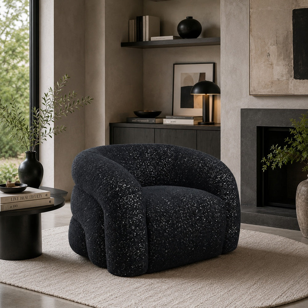 Savio Swivel Accent Chair | Sculpted Curved Design | Black Boucle Fabric