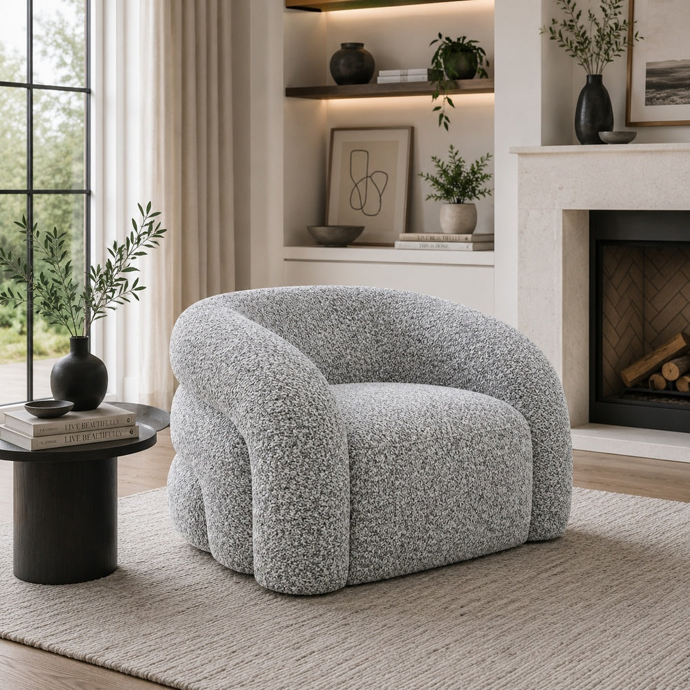 Savio Swivel Accent Chair | Sculpted Curved Design | Gray Boucle Fabric