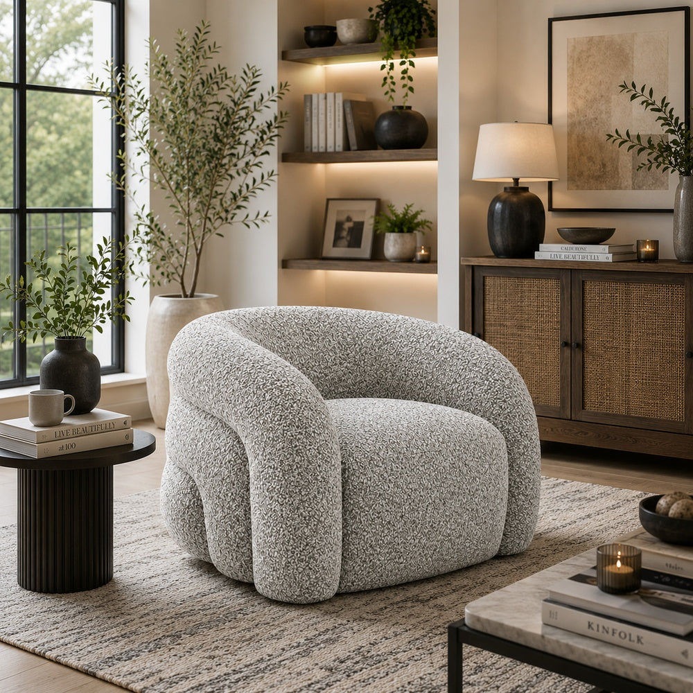 Savio Swivel Accent Chair | Sculpted Curved Design | Gray Boucle Fabric