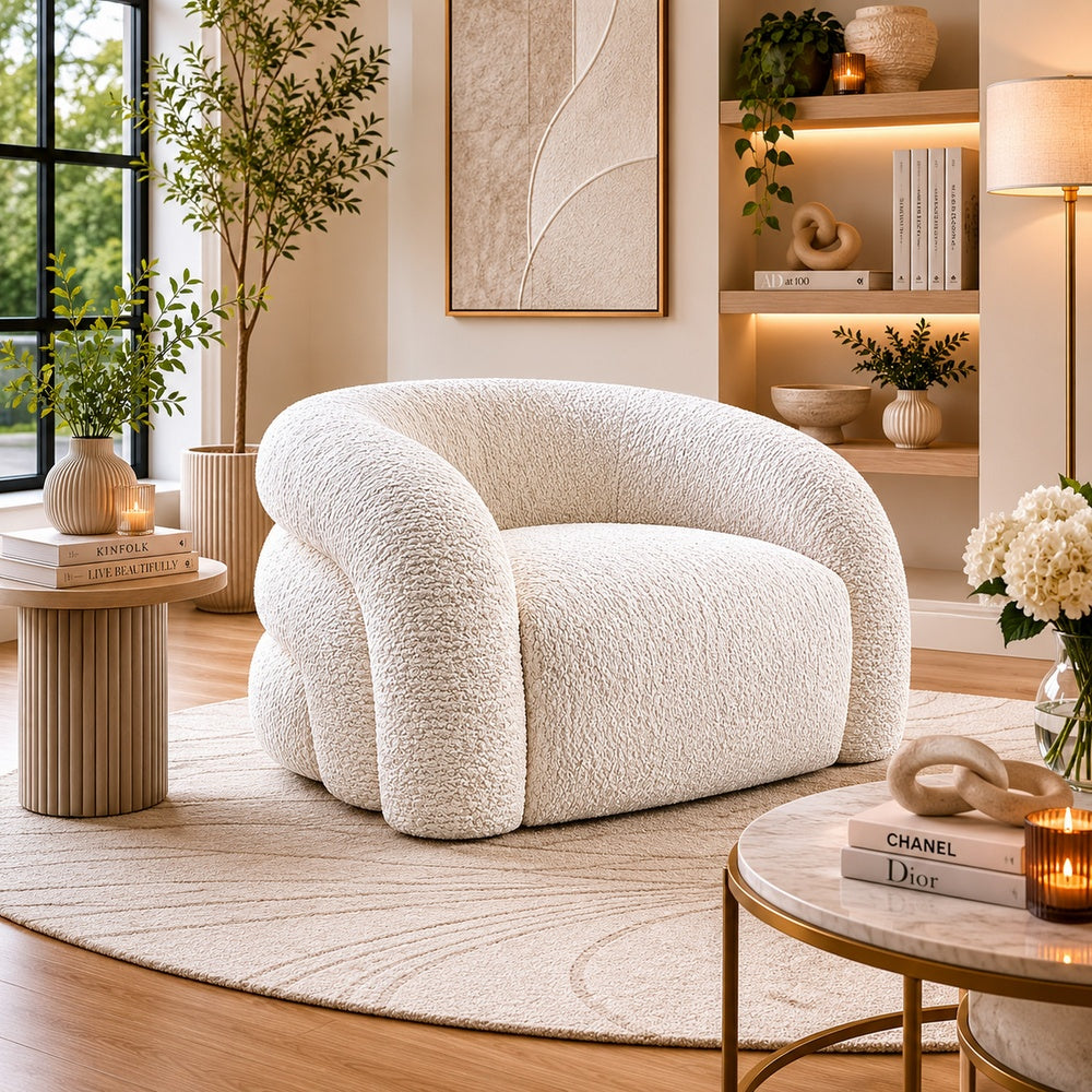 Savio Swivel Accent Chair | Sculpted Curved Design | White Boucle Fabric