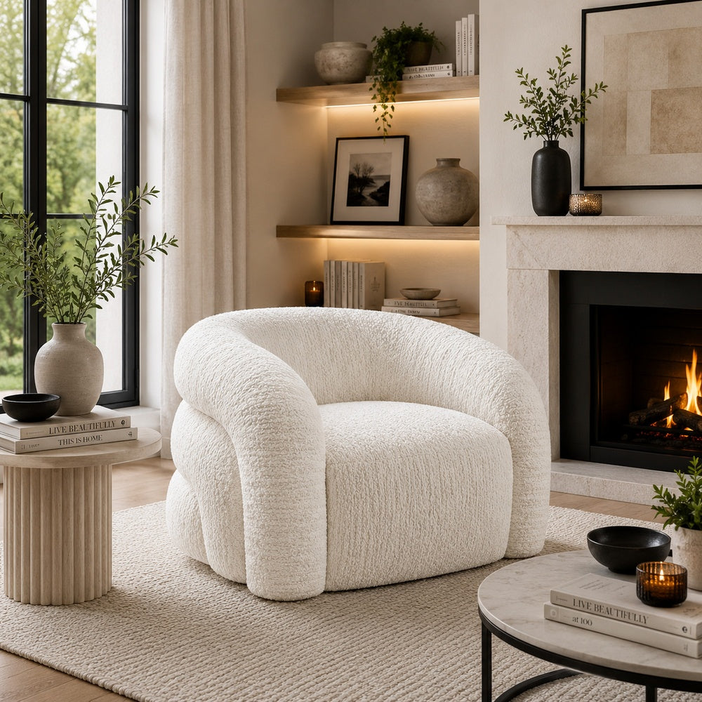 Savio Swivel Accent Chair | Sculpted Curved Design | White Boucle Fabric