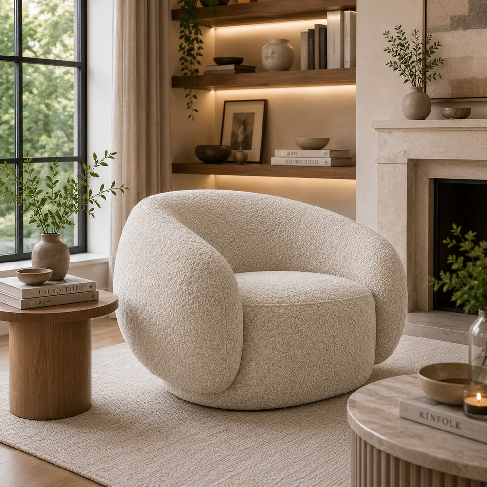 Freda Swivel Accent Chair with Sculpted Curved Profile | Beige Boucle