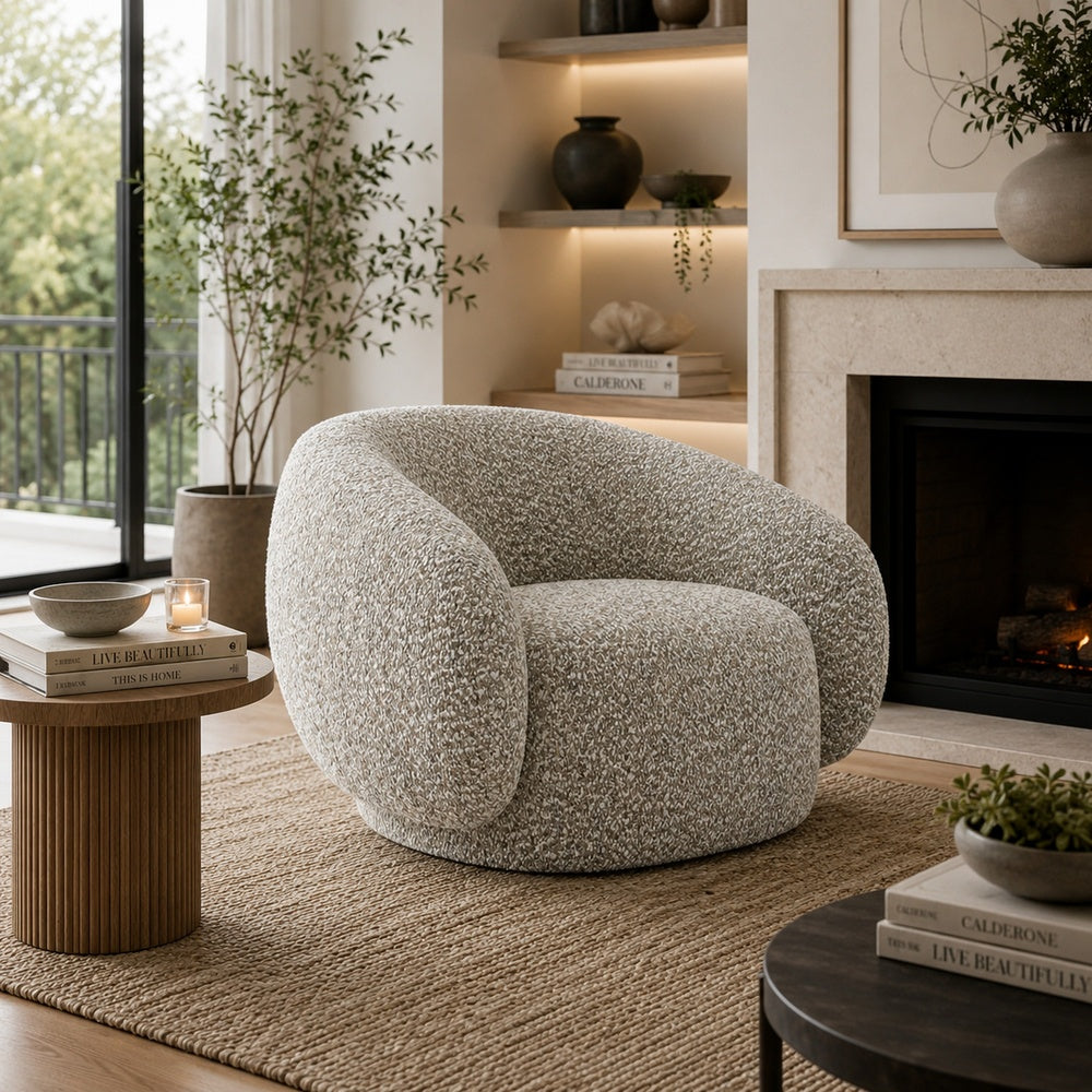 Freda Swivel Accent Chair with Sculpted Curved Profile | Brown Boucle