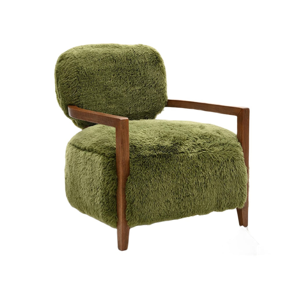 Emery Accent Chair with Wooden Arms Sculptural Design | Green Faux Fur