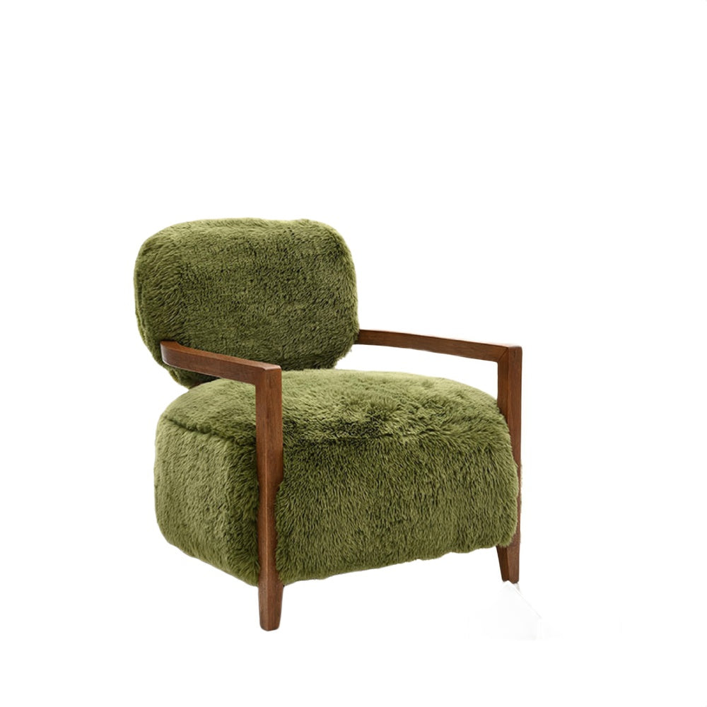 Emery Accent Chair with Wooden Arms Sculptural Design | Green Faux Fur