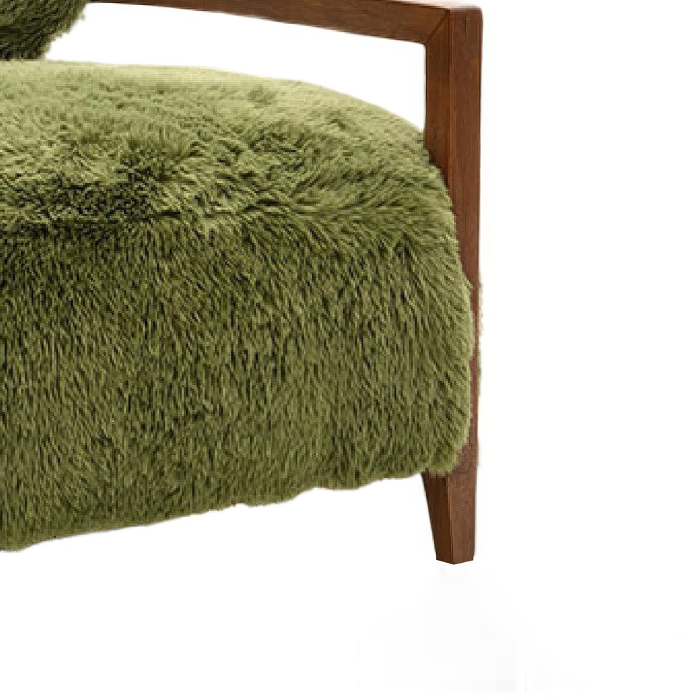 Emery Accent Chair with Wooden Arms Sculptural Design | Green Faux Fur