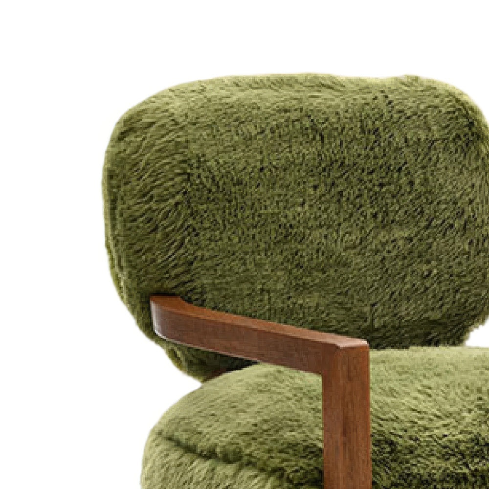 Emery Accent Chair with Wooden Arms Sculptural Design | Green Faux Fur