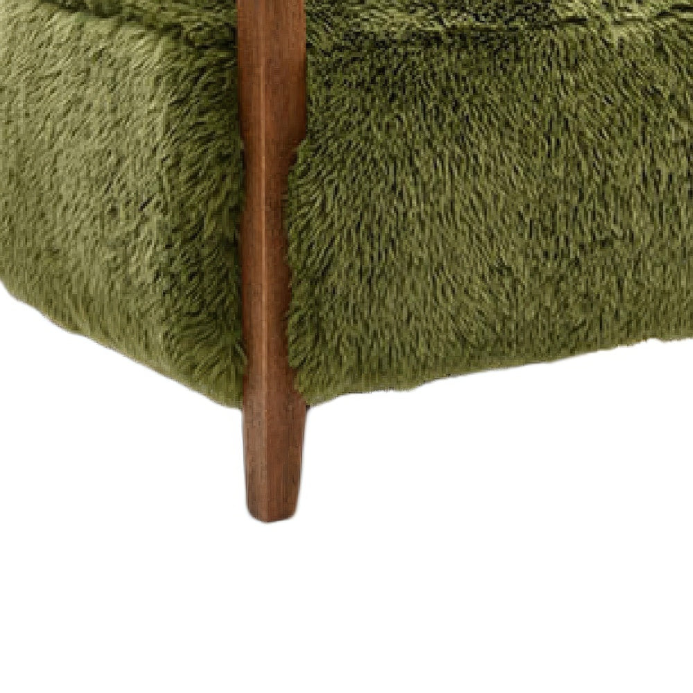 Emery Accent Chair with Wooden Arms Sculptural Design | Green Faux Fur