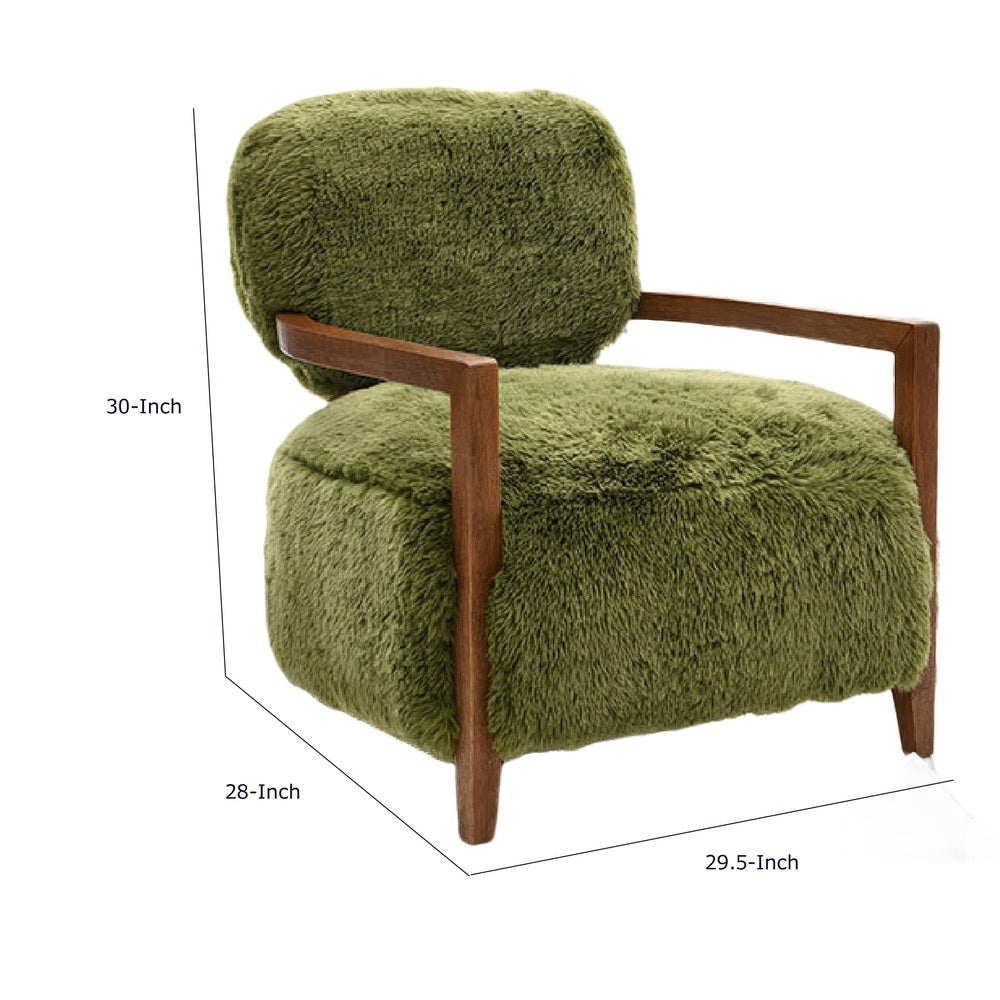Emery Accent Chair with Wooden Arms Sculptural Design | Green Faux Fur