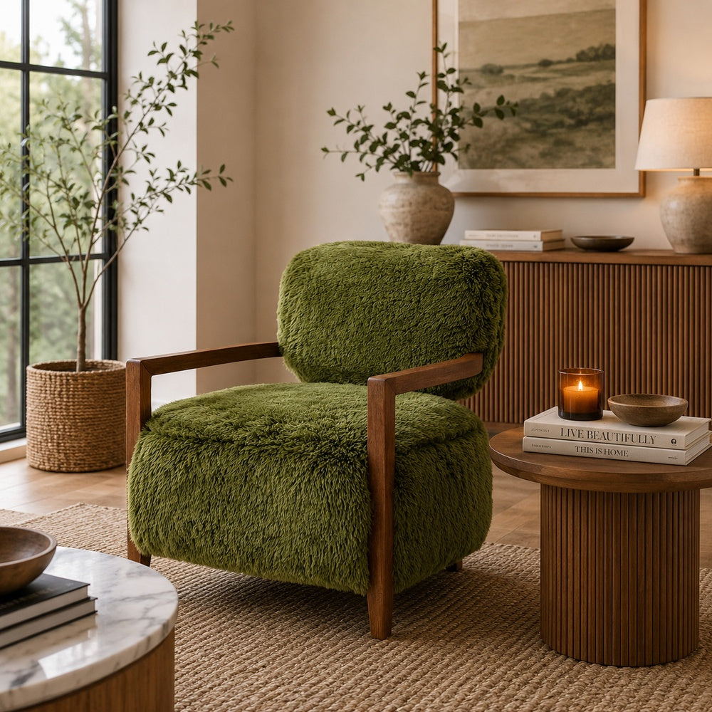 Emery Accent Chair with Wooden Arms Sculptural Design | Green Faux Fur