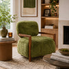 Emery Accent Chair with Wooden Arms Sculptural Design | Green Faux Fur