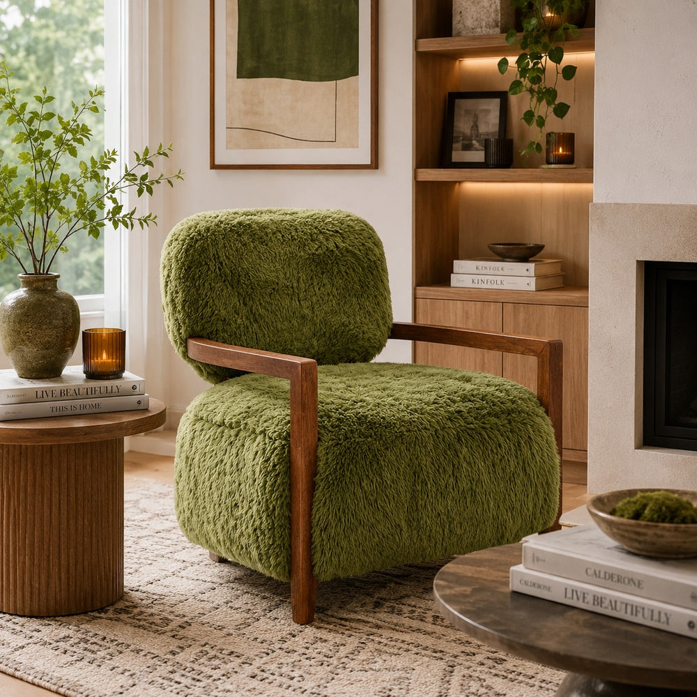 Emery Accent Chair with Wooden Arms Sculptural Design | Green Faux Fur