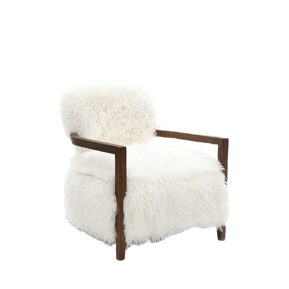 Emery Accent Chair with Wooden Arms Sculptural Design | White Faux Fur