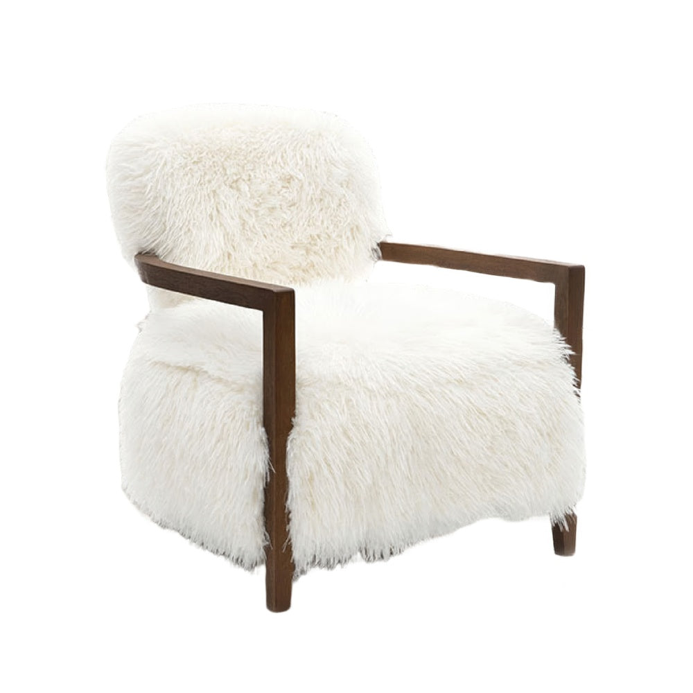 Emery Accent Chair with Wooden Arms Sculptural Design | White Faux Fur