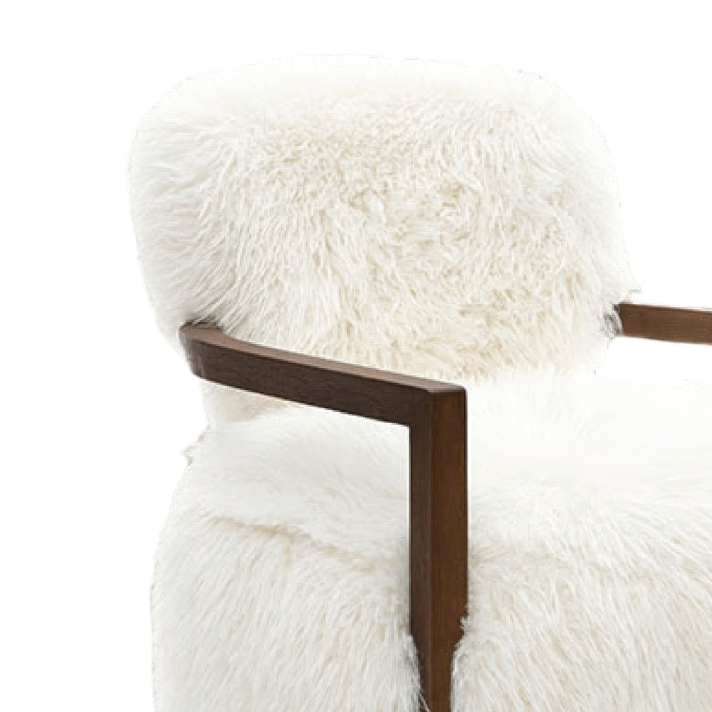Emery Accent Chair with Wooden Arms Sculptural Design | White Faux Fur