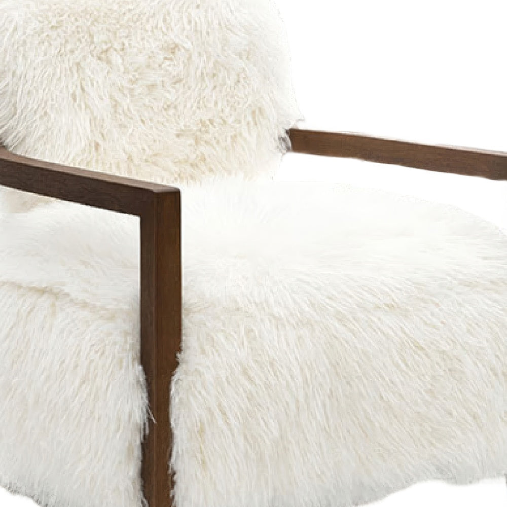 Emery Accent Chair with Wooden Arms Sculptural Design | White Faux Fur