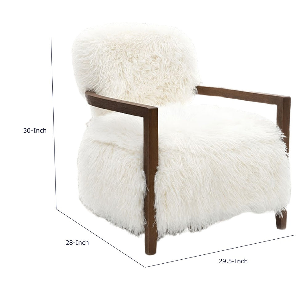 Emery Accent Chair with Wooden Arms Sculptural Design | White Faux Fur