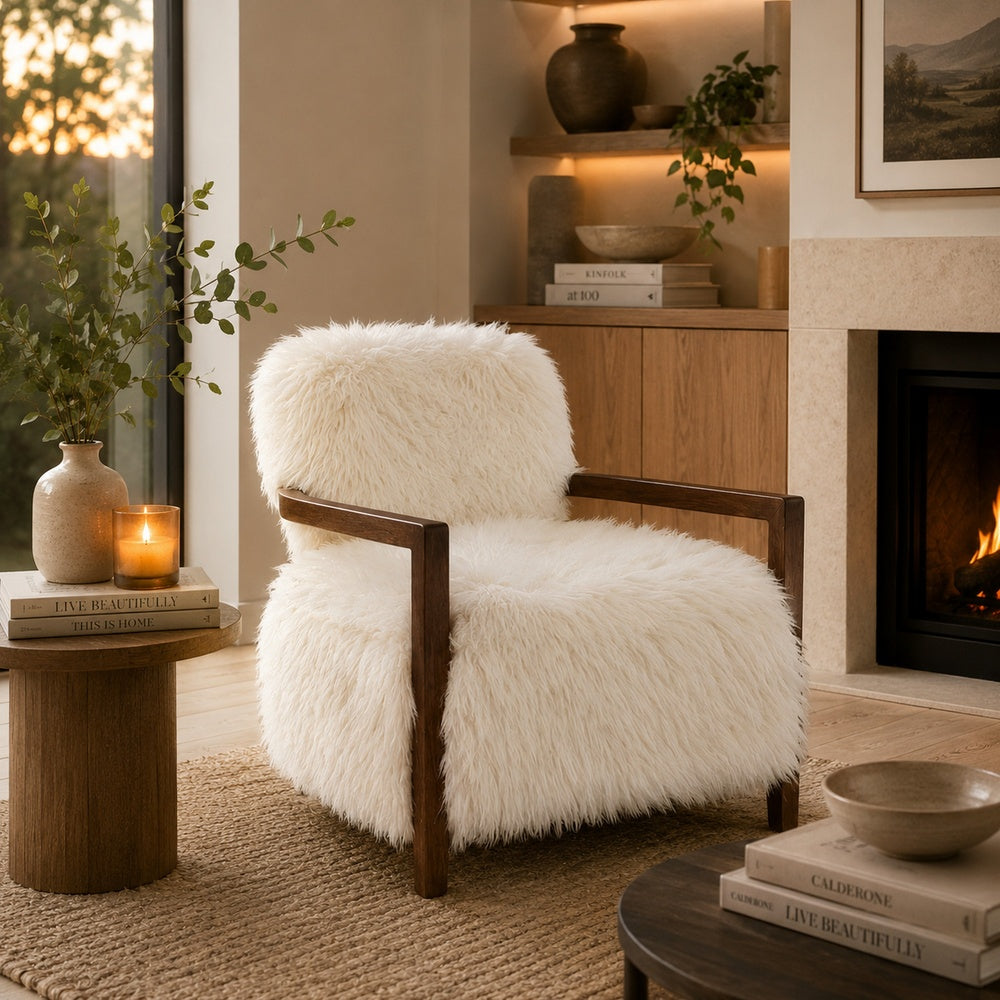 Emery Accent Chair with Wooden Arms Sculptural Design | White Faux Fur