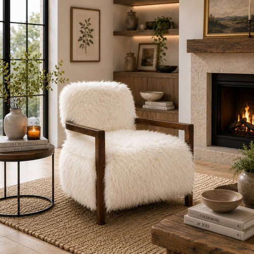 Emery Accent Chair with Wooden Arms Sculptural Design | White Faux Fur