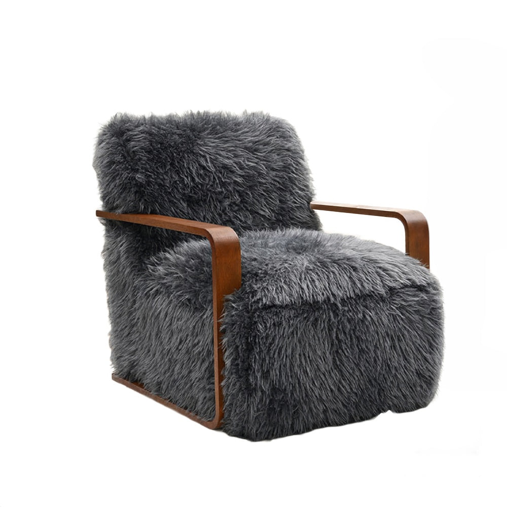 Lama Accent Chair with Wooden Arms | Retro Design | Charcoal Faux-Fur