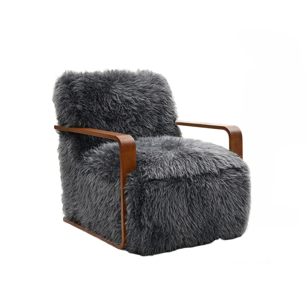 Lama Accent Chair with Wooden Arms | Retro Design | Charcoal Faux-Fur