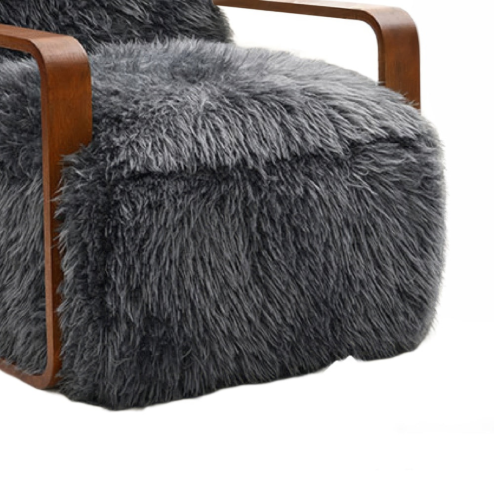 Lama Accent Chair with Wooden Arms | Retro Design | Charcoal Faux-Fur