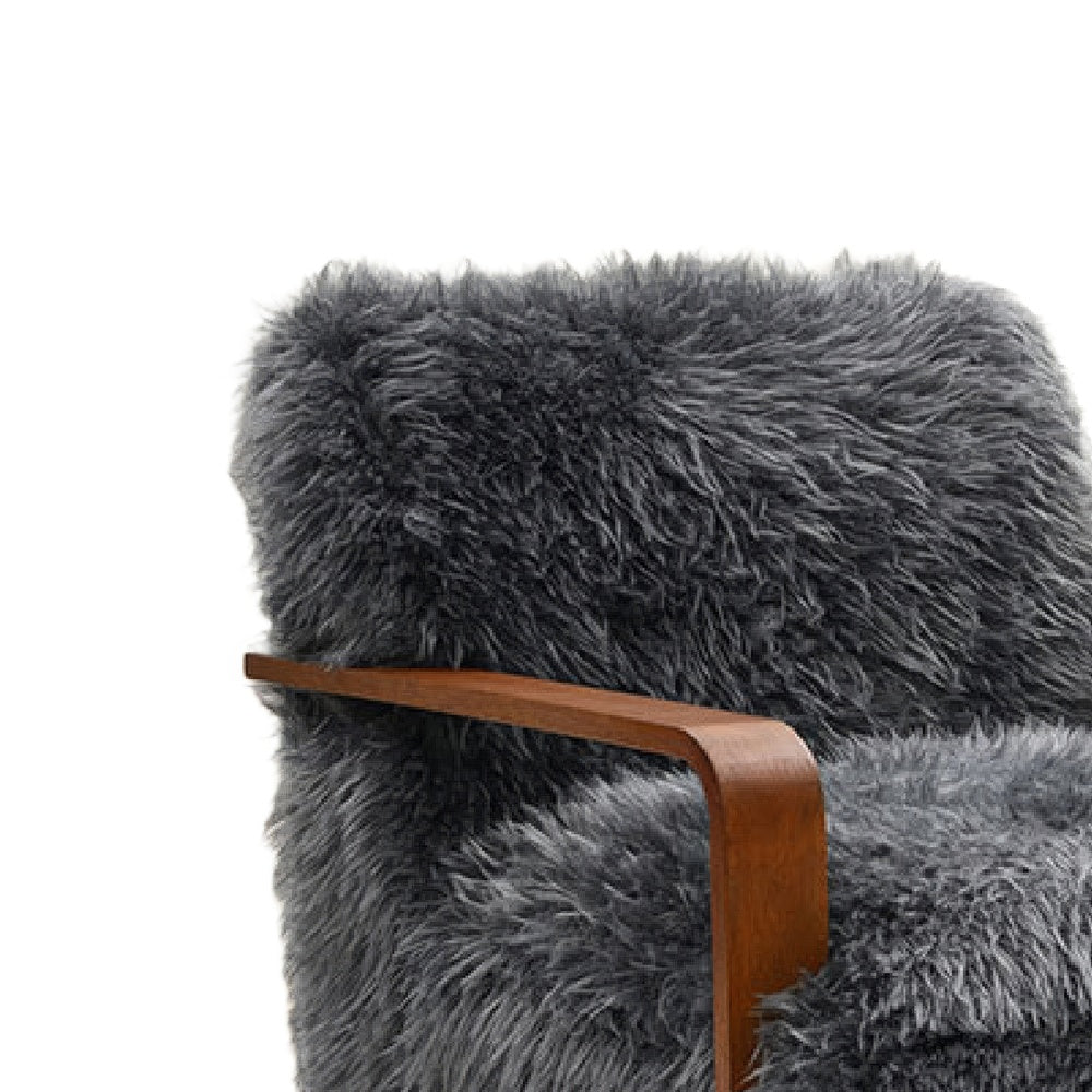 Lama Accent Chair with Wooden Arms | Retro Design | Charcoal Faux-Fur