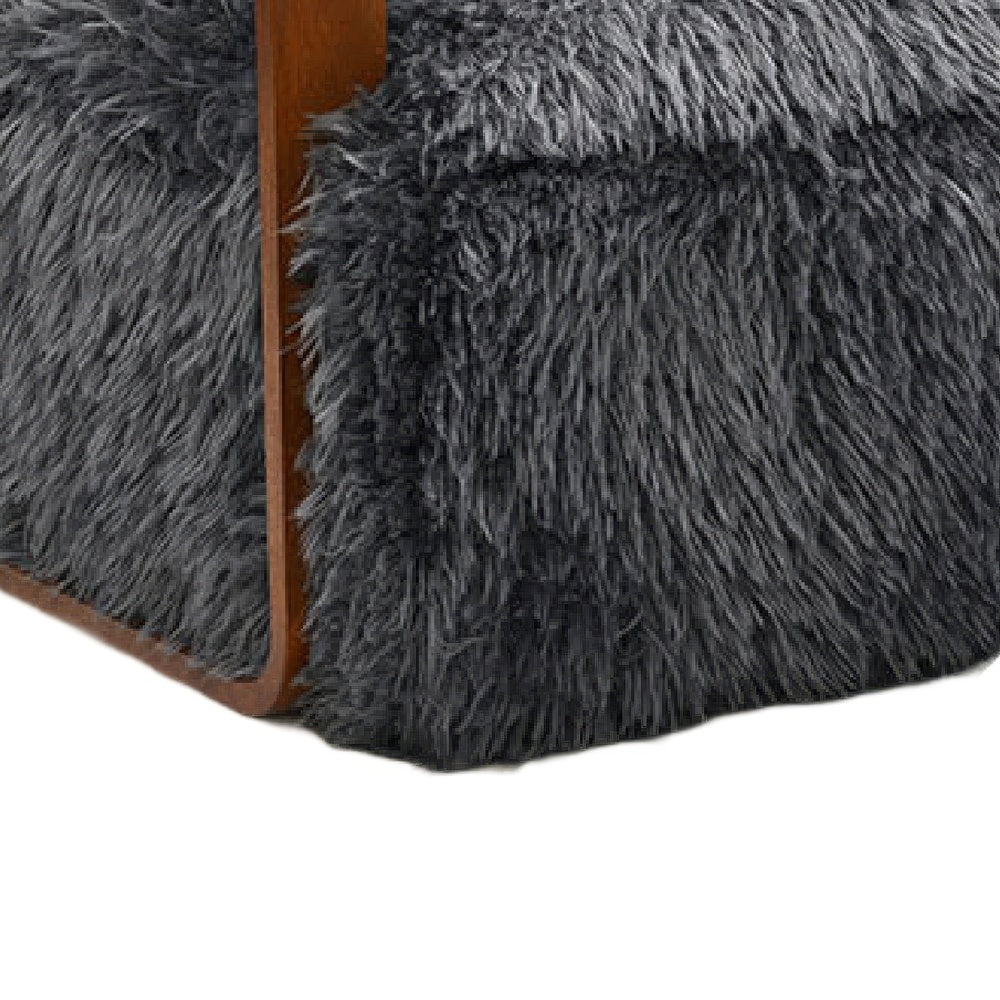 Lama Accent Chair with Wooden Arms | Retro Design | Charcoal Faux-Fur