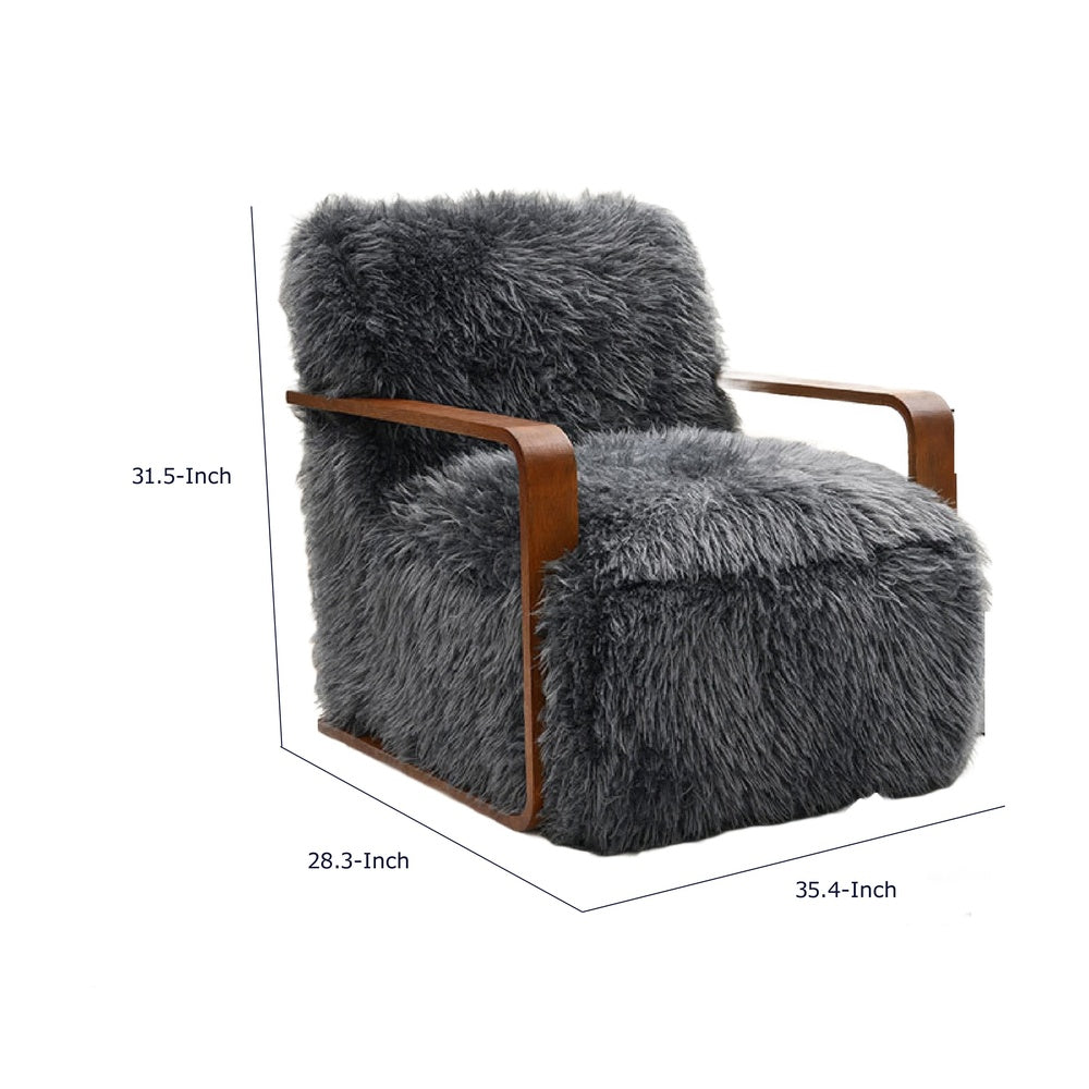 Lama Accent Chair with Wooden Arms | Retro Design | Charcoal Faux-Fur