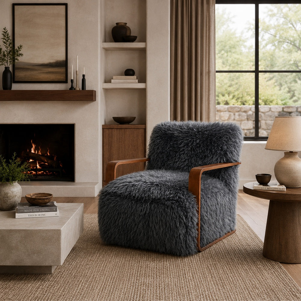 Lama Accent Chair with Wooden Arms | Retro Design | Charcoal Faux-Fur