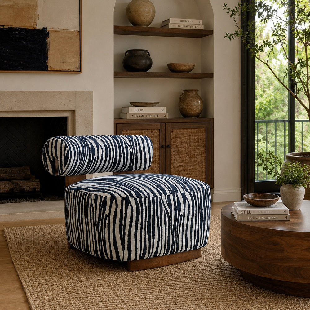 Niya Zebra Accent Chair with Cylindrical Backrest | Blue-White Chenille