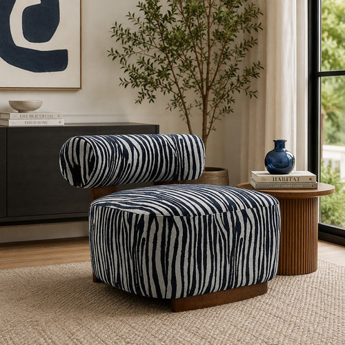 Niya Zebra Accent Chair with Cylindrical Backrest | Blue-White Chenille