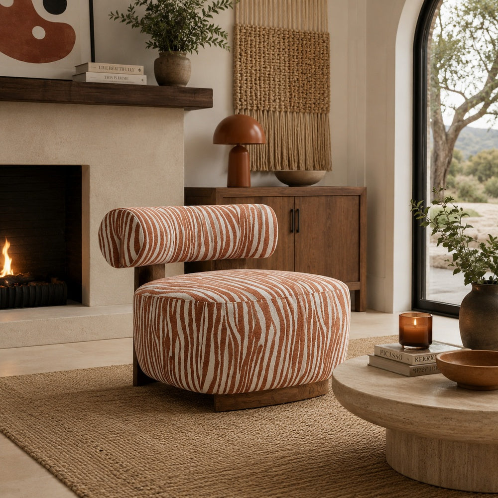 Niya Zebra Accent Chair | Cylindrical Backrest | Orange-White Chenille