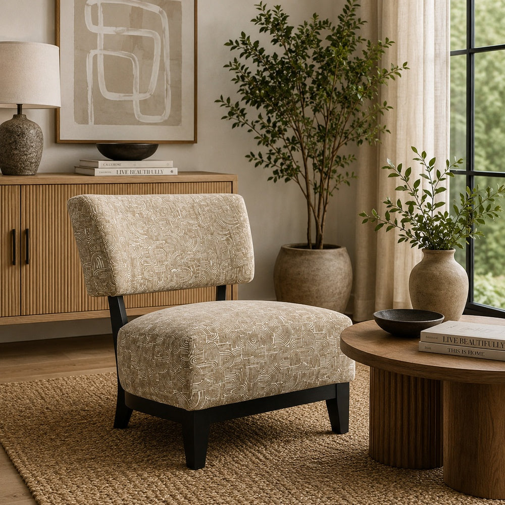 Beth Accent Chair with Angled Back | Black Wood | Beige Abstract Fabric