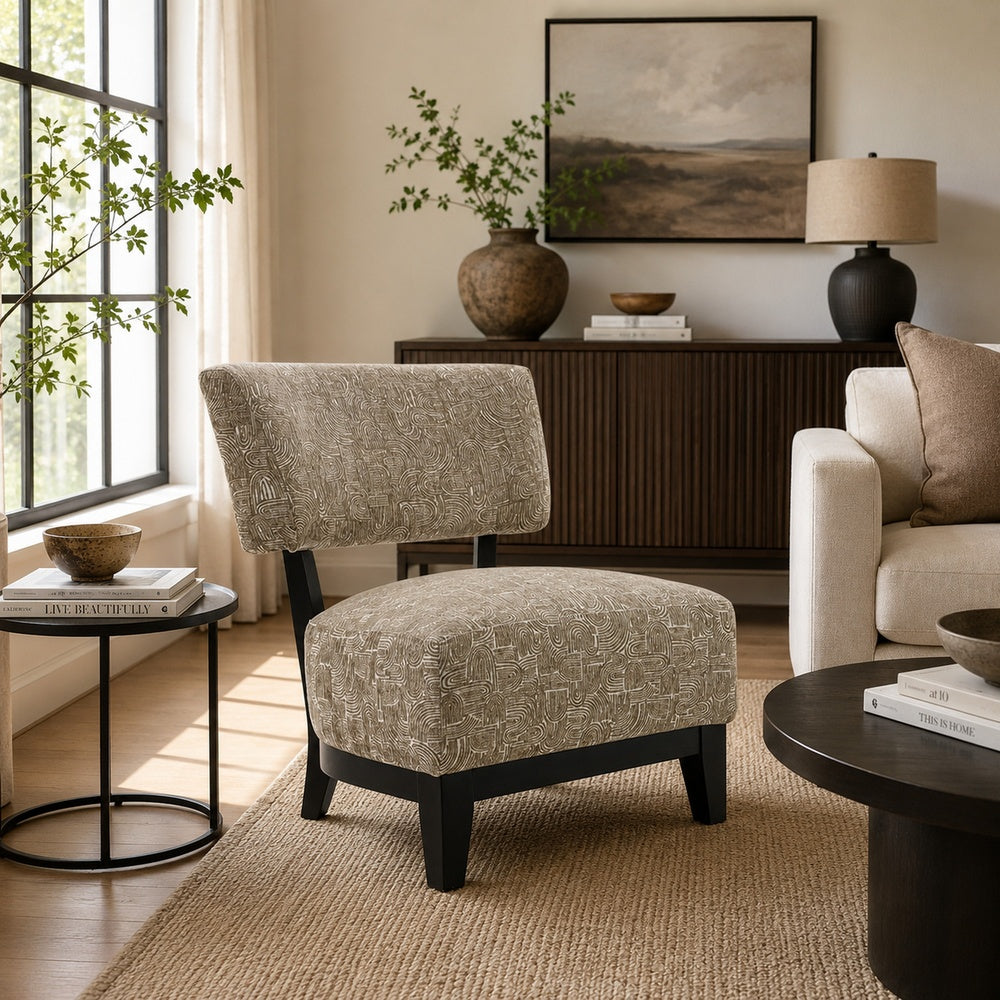 Beth Accent Chair with Angled Back | Black Wood | Beige Abstract Fabric