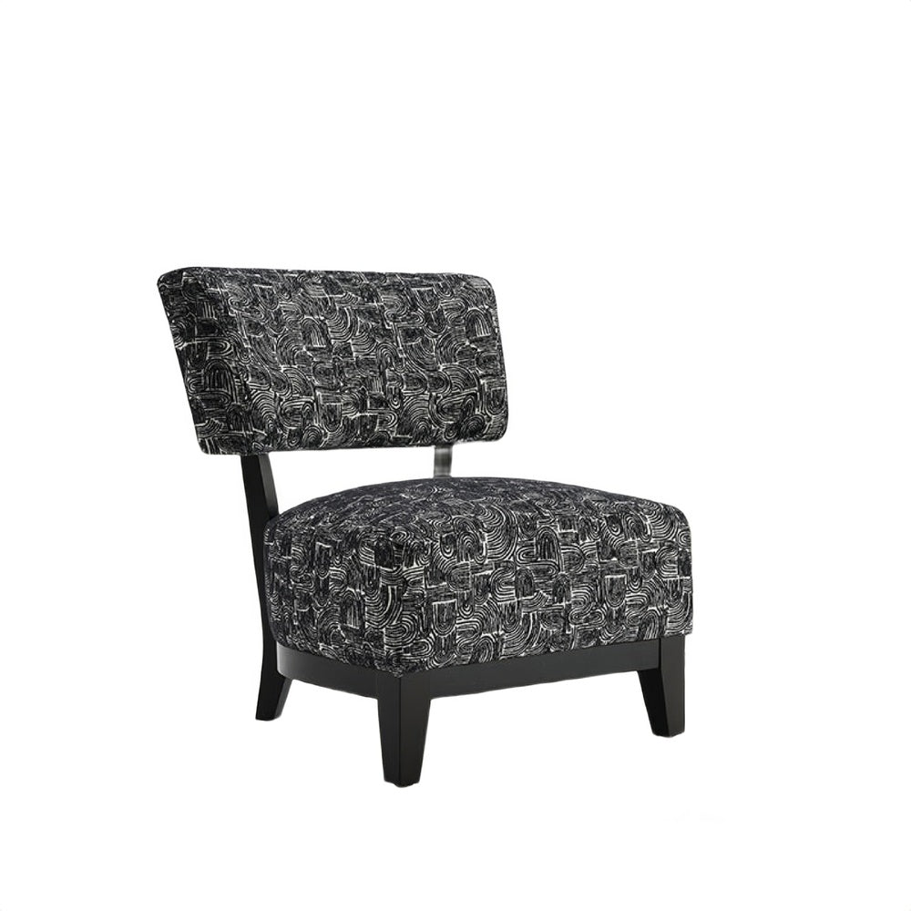Beth Accent Chair with Angled Back | Black Wood | Black Abstract Fabric