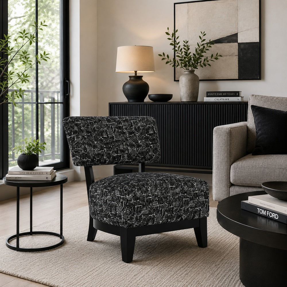 Beth Accent Chair with Angled Back | Black Wood | Black Abstract Fabric