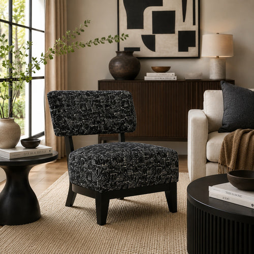 Beth Accent Chair with Angled Back | Black Wood | Black Abstract Fabric