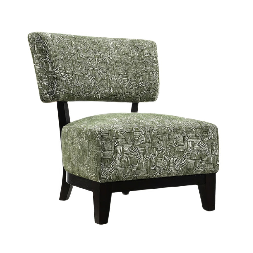 Beth Accent Chair with Angled Back | Black Wood | Green Abstract Fabric