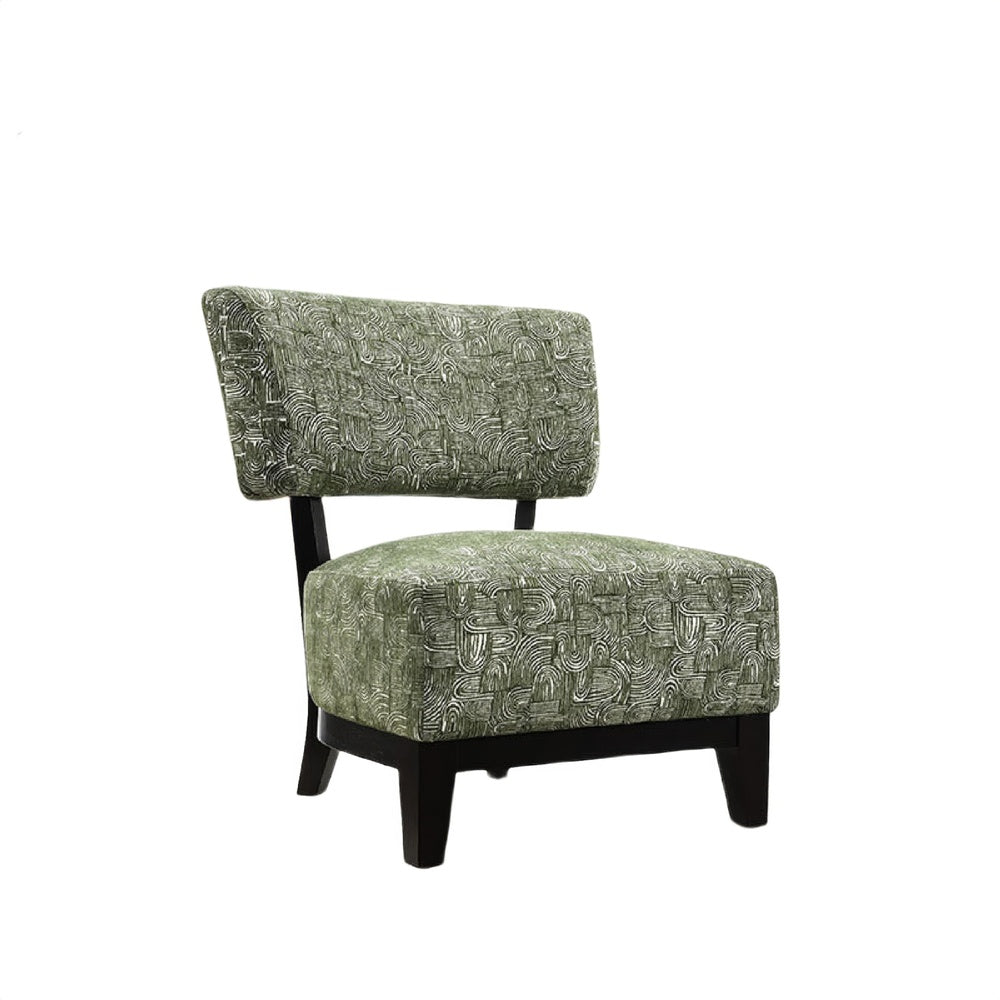 Beth Accent Chair with Angled Back | Black Wood | Green Abstract Fabric