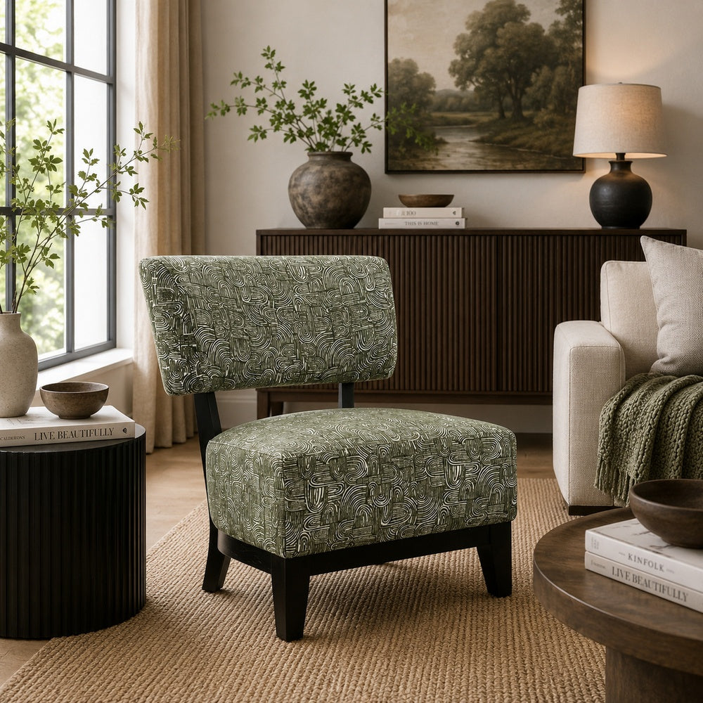 Beth Accent Chair with Angled Back | Black Wood | Green Abstract Fabric