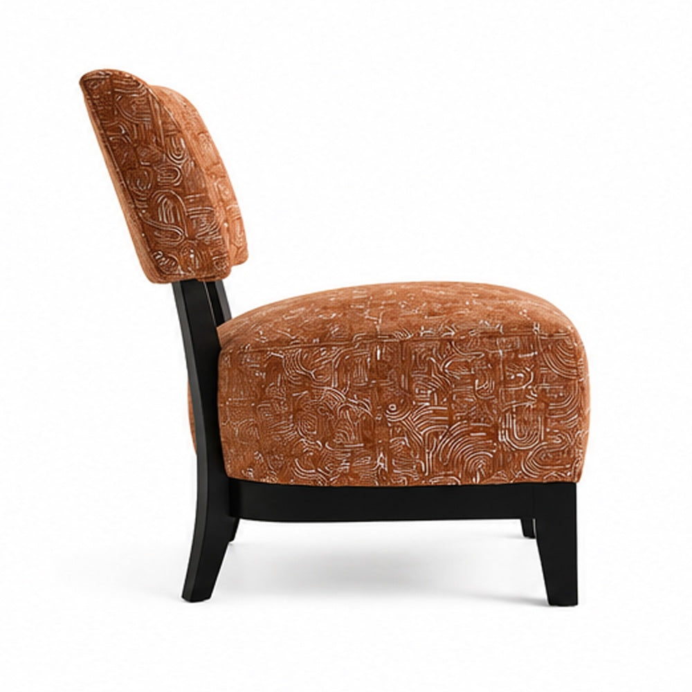 Beth Accent Chair with Angled Back | Black Wood | Orange Abstract Fabric