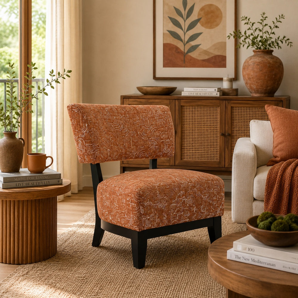 Beth Accent Chair with Angled Back | Black Wood | Orange Abstract Fabric