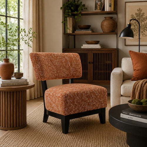 Beth Accent Chair with Angled Back | Black Wood | Orange Abstract Fabric