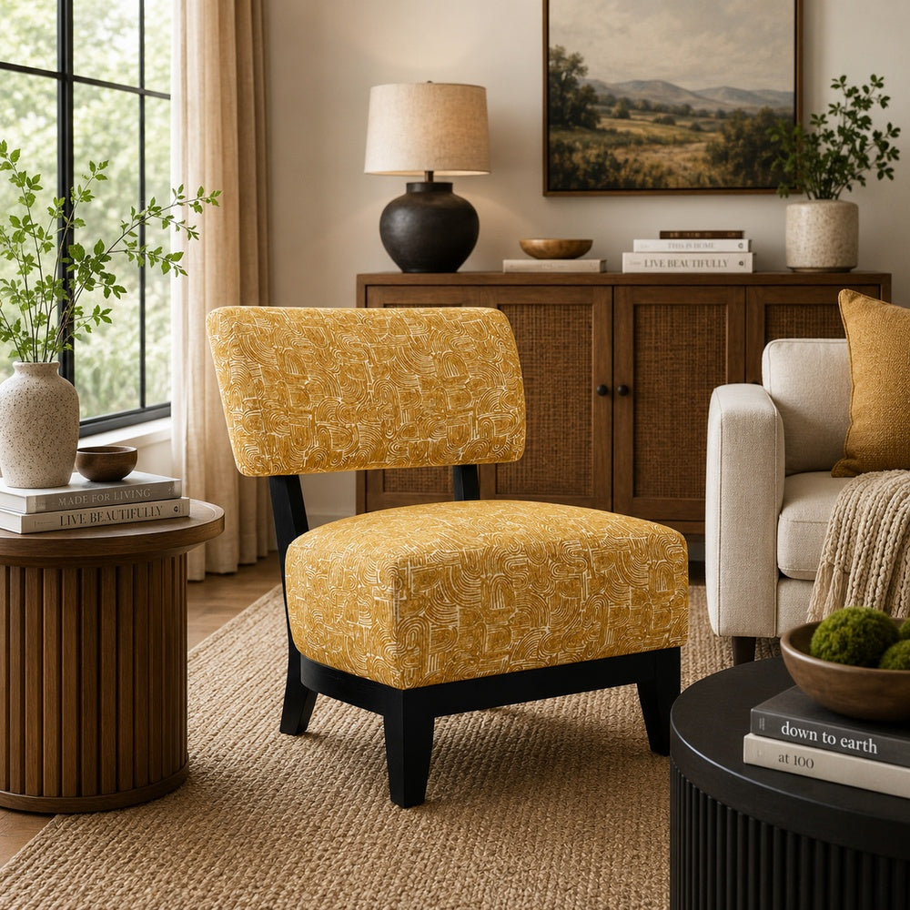 Beth Accent Chair with Angled Back | Black Wood | Yellow Abstract Fabric