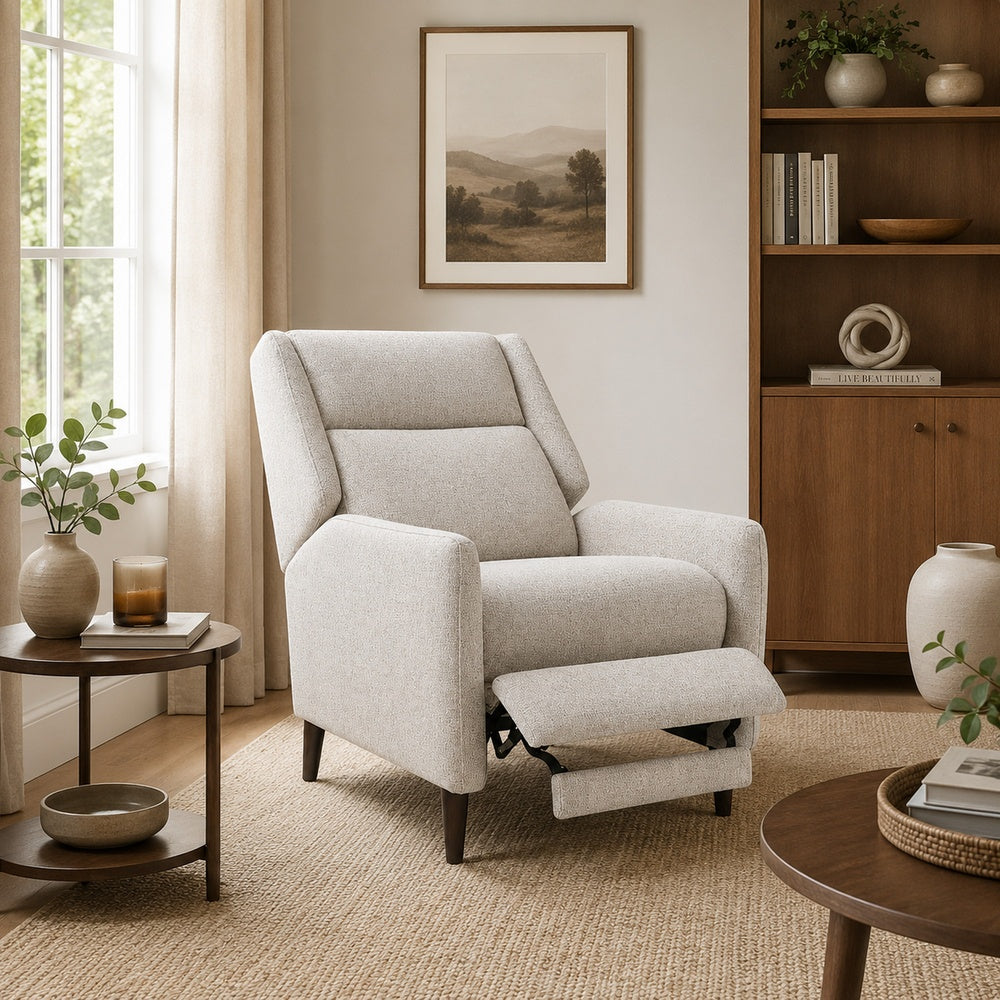 Cien Pushback Recliner Chair with High Back & Tapered Legs | Beige Fabric